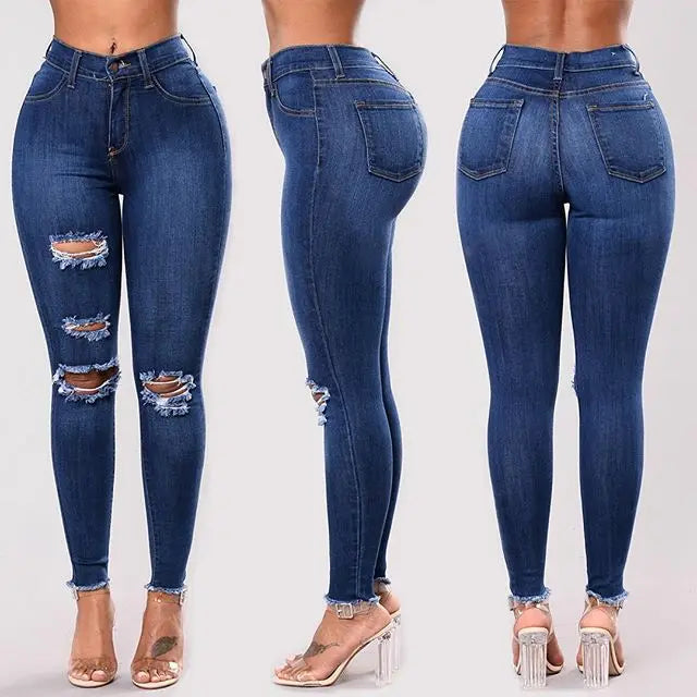 Women's ripped slim denim leggings in light blue with elastic waist and knee cutouts
