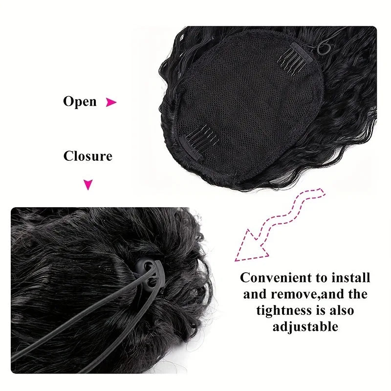 Image 5 — Infographic showing open and closed drawstring ponytail mechanism — easy to install and adjust
