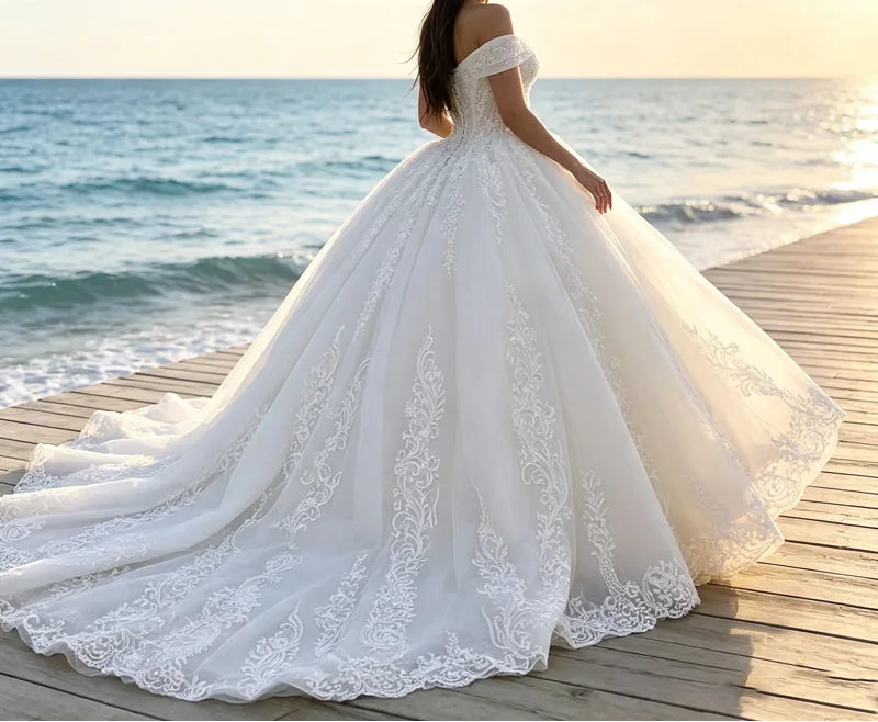 Off Shoulder Lace Ball Gown Wedding Dress