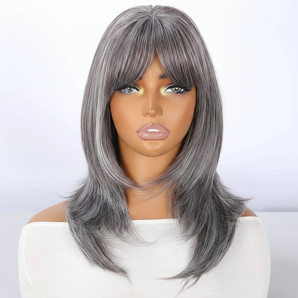 Ash Gray Glossy Loose Wave Wig with Natural Bangs - Front View
