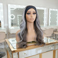 Brown Gray Highlight Wavy Headband Wig - Full Head View, No Lace No Glue