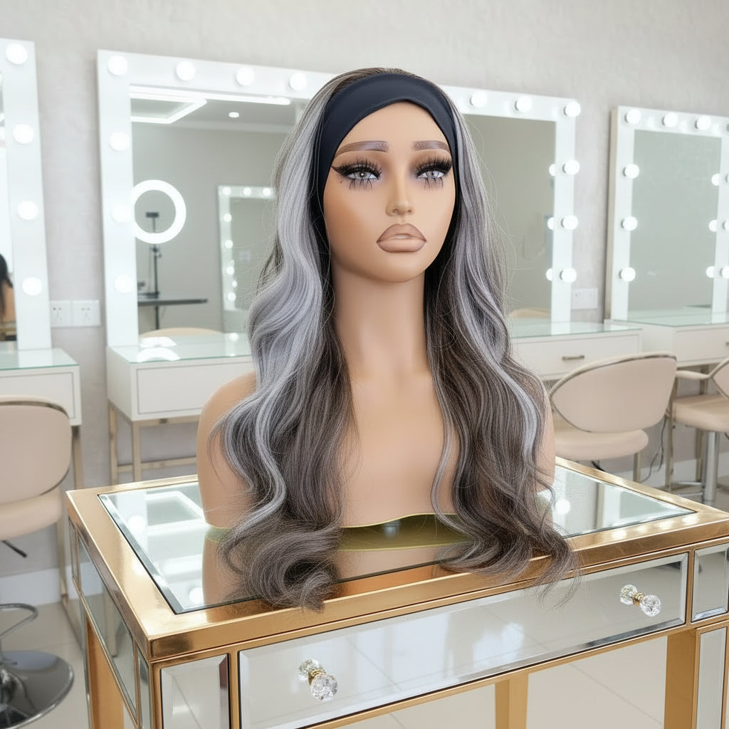 Brown Gray Highlight Wavy Headband Wig - Full Head View, No Lace No Glue