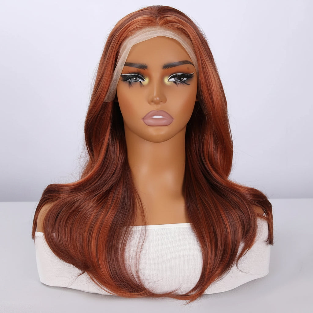 Red Brown Gradient Wavy Lace Front Wig Front View