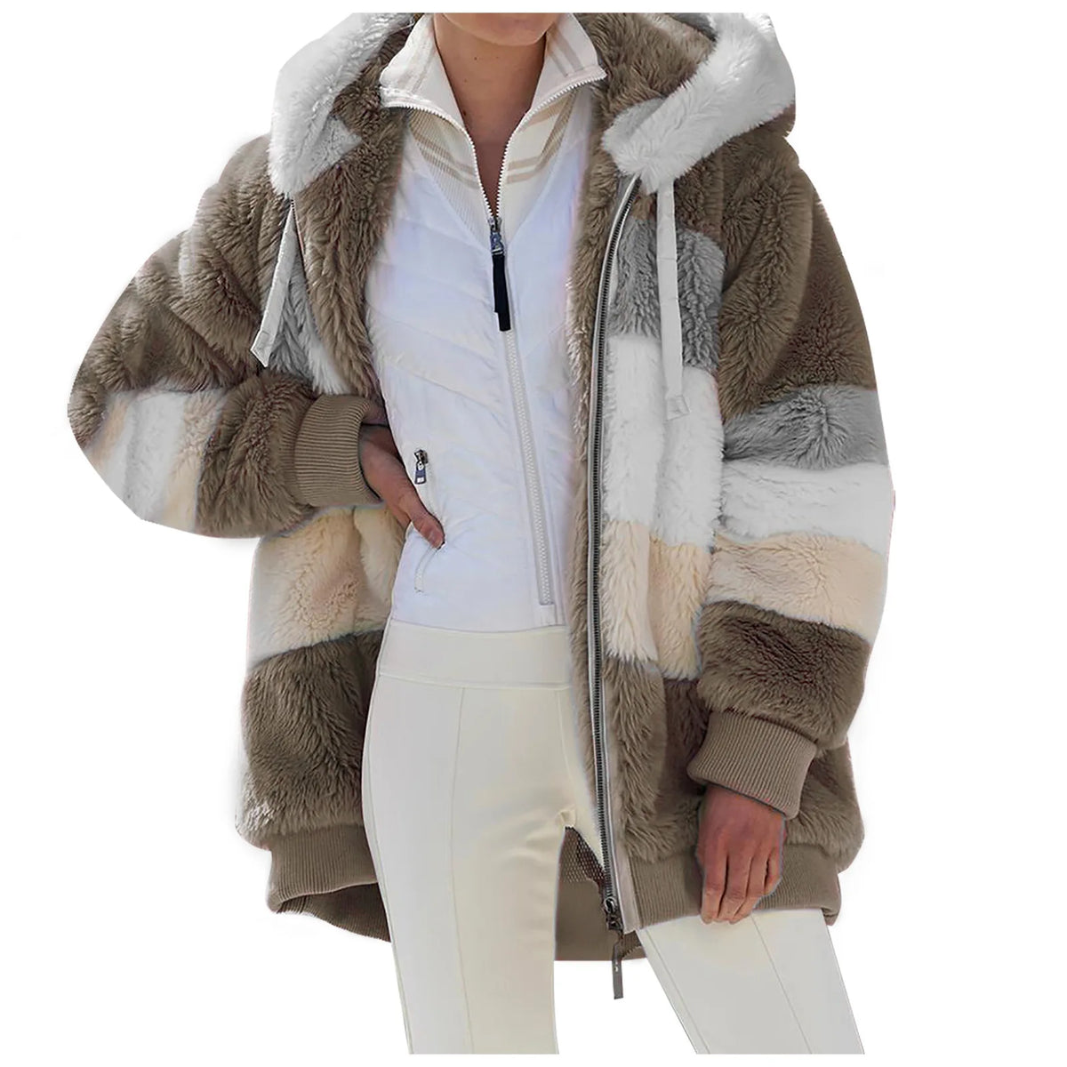 Brown and beige striped faux fur jacket with white interior on a white background