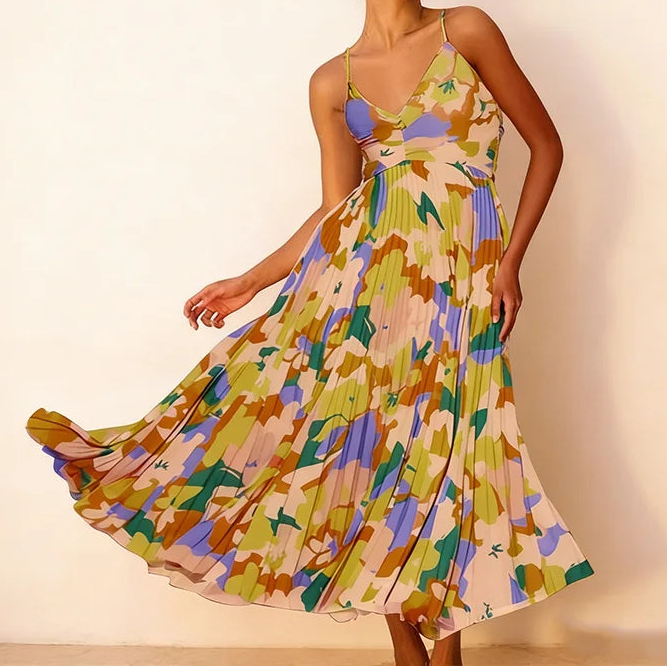 Yellow Printed Halter-Neck Long Dress Front View