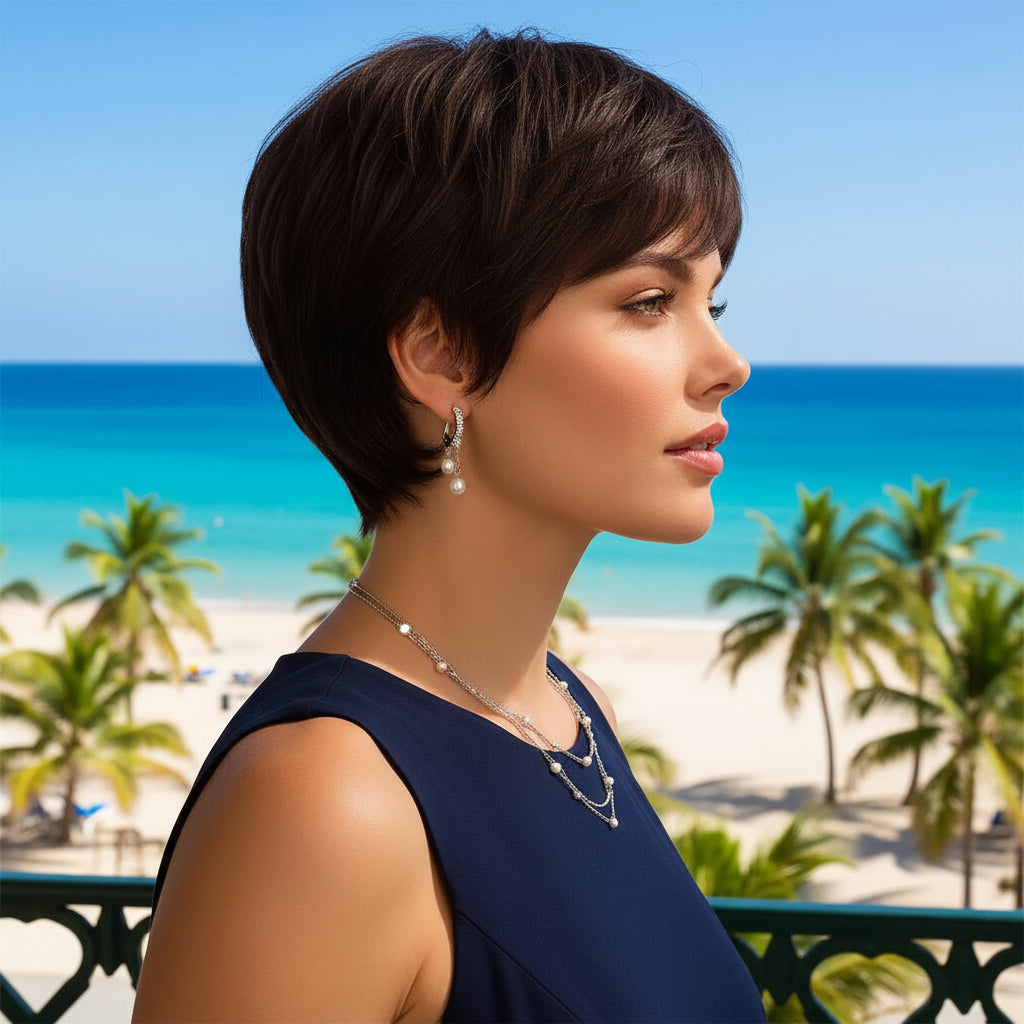 Dark Brown Layered Short Synthetic Wig with Bangs - Side View