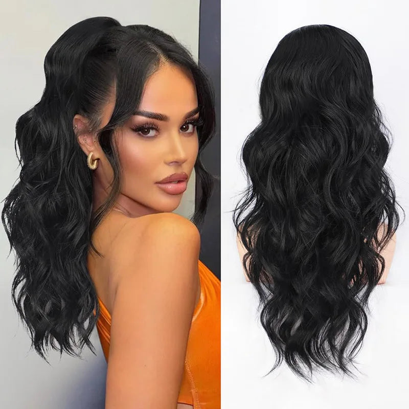 Image 1 — Black body wave drawstring ponytail in 100% human hair — lifestyle model showing side and back view
