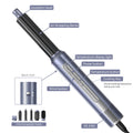 Labeled diagram of 6-in-1 hot air styler showing air wrapping barrel, temperature display, power and wind buttons, and interchangeable heads.

