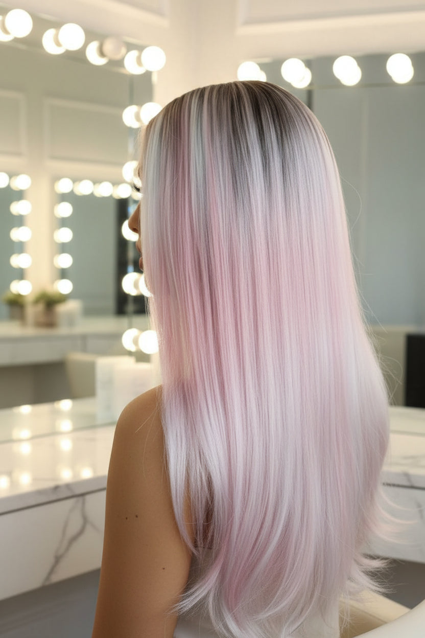 Silver Pink Straight Lace Front Wig - Side View, Synthetic Fiber, Pre-Plucked Hairline