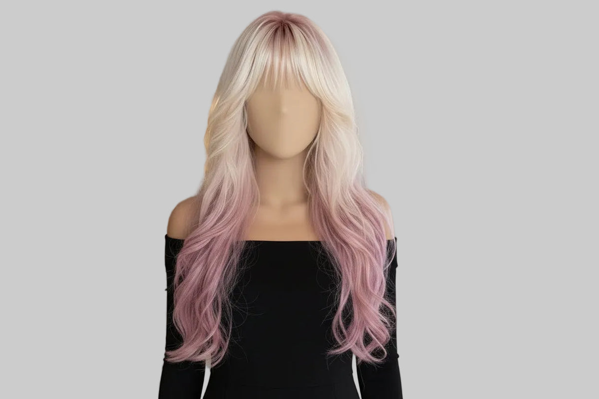 Pink Gold Gradient Long Body Wave Wig with Bangs Front View