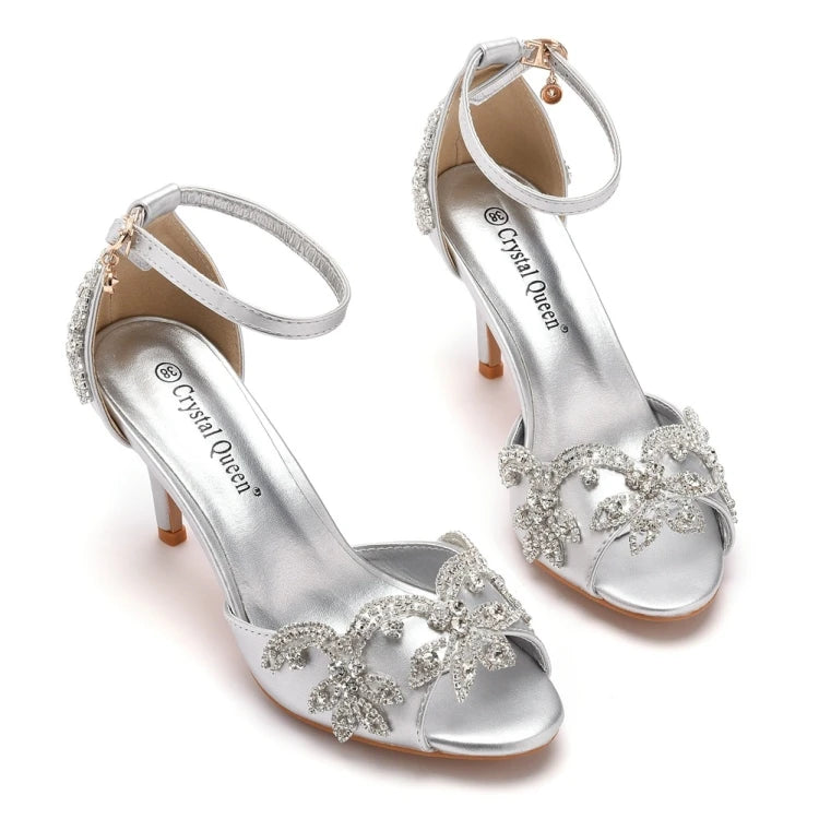 Crystal embellished open toe heels with ankle strap