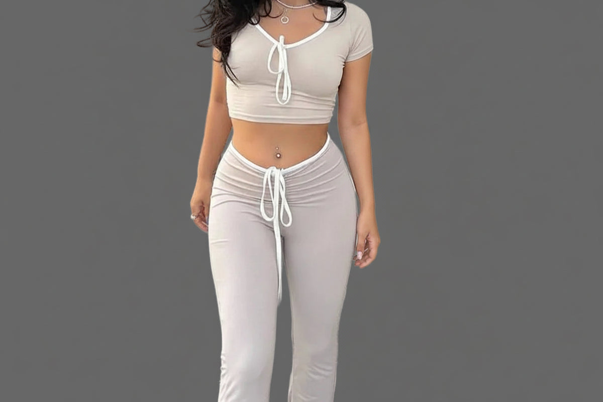 Gray color block square neck crop top and matching flare pants with white drawstring — full outfit view