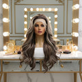 Front view of brown blonde highlighted body wave lace front wig, 26 inch length
