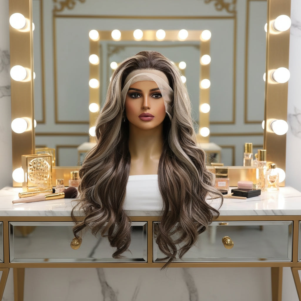 Front view of brown blonde highlighted body wave lace front wig, 26 inch length