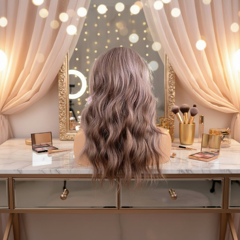 Back view of ash brown loose wave wig showing full length