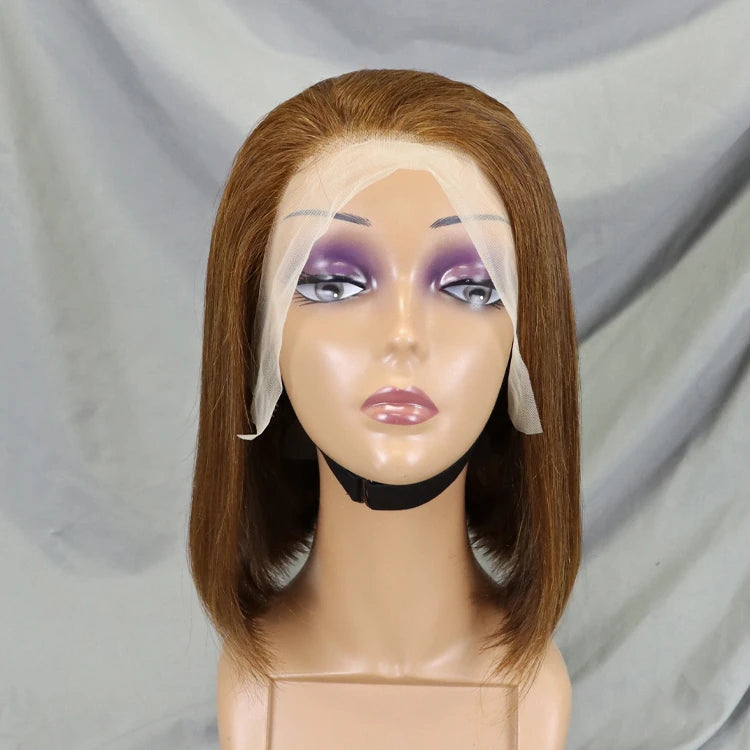 Image 6 — Straight bob lace front wig in chocolate brown (#4) on mannequin, front view, 13x4 transparent Swiss lace
