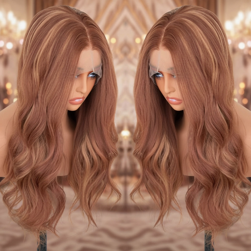 Warm Chestnut Copper Loose Wave 13x4 Lace Front Wig - Full Head View, Transparent HD Lace, Natural Hairline