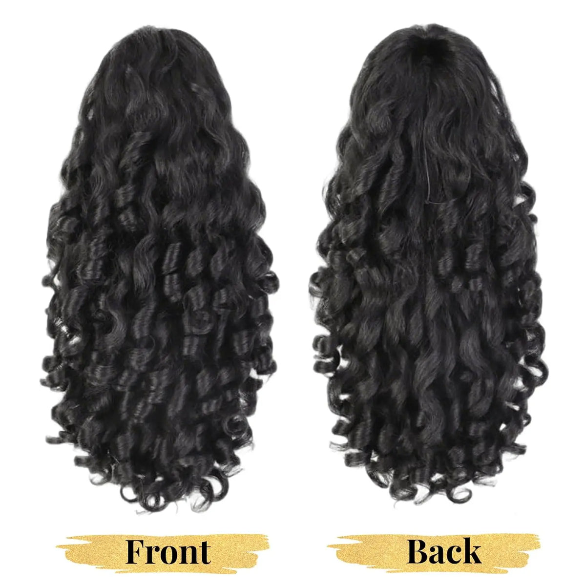 Image 2 — Bouncy curly synthetic drawstring ponytail in Natural Black — front and back comparison showing full spiral curl volume and texture

