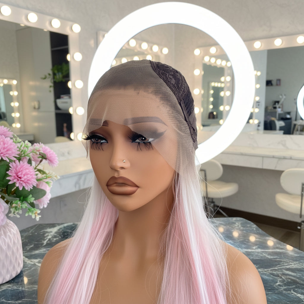 Silver Pink Straight Lace Front Wig - Close-Up of Transparent HD Lace cap construction