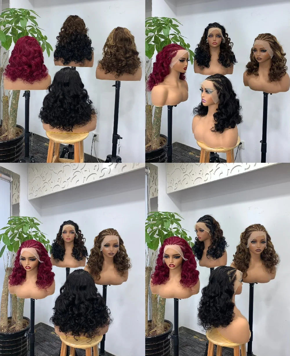 A four-panel collage showing multiple wig styles displayed on mannequin heads and stands in an indoor showroom. The wigs include dark brown, black, and red tones with curly, wavy, and straight textures.