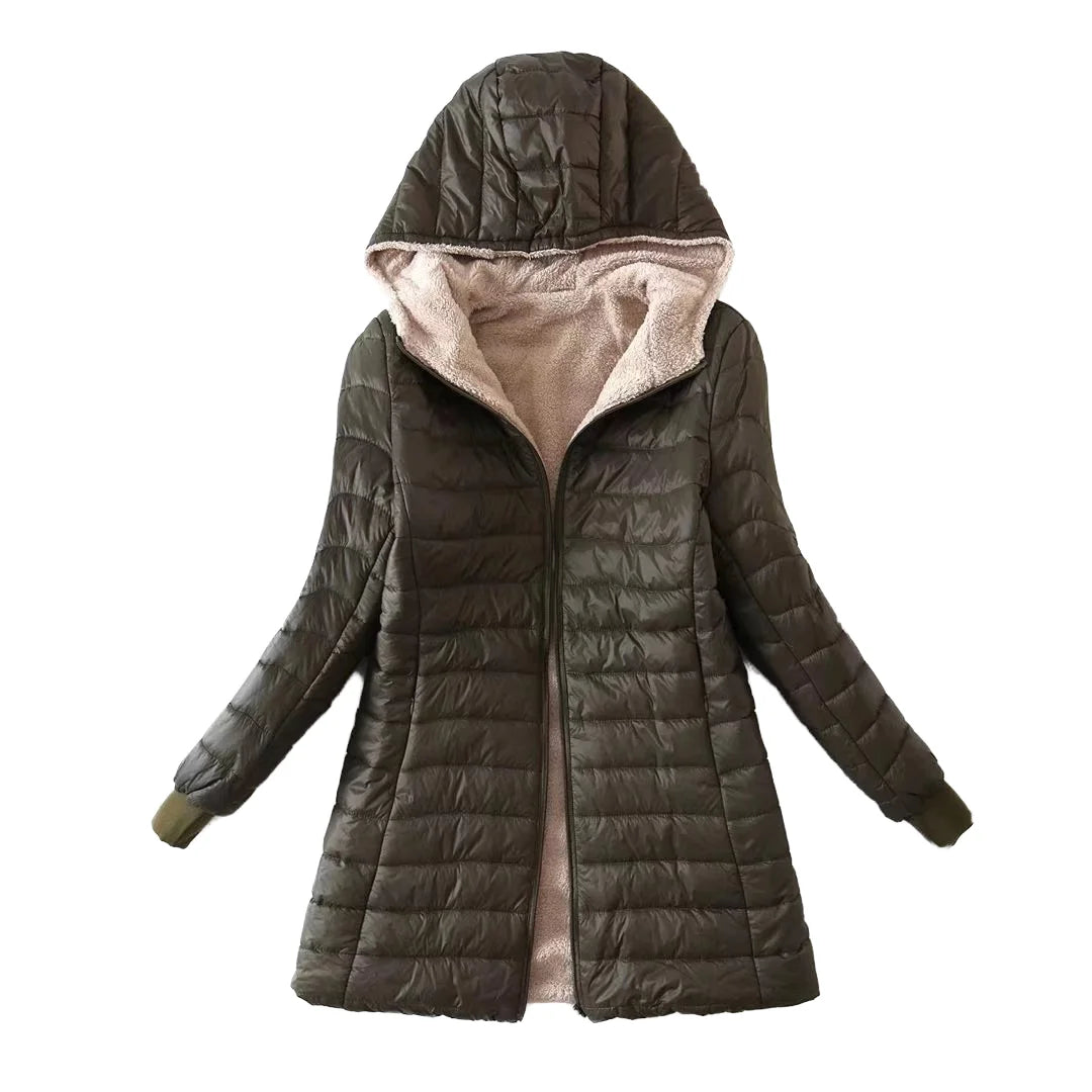 Green quilted jacket with a hood on a white background