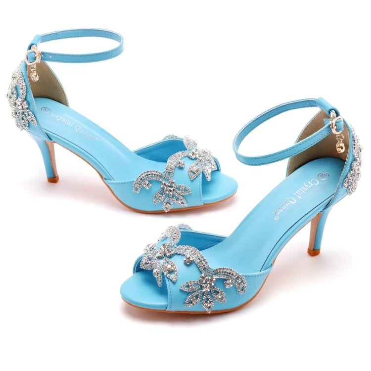 Crystal embellished open toe heels with ankle strap
