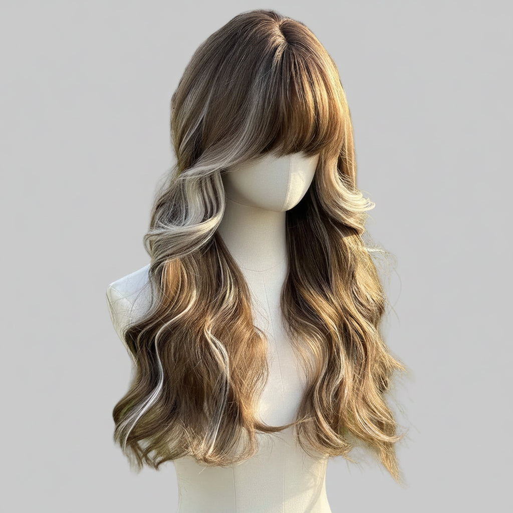 Golden Brown Highlights Long Wavy Wig with Bangs Side view