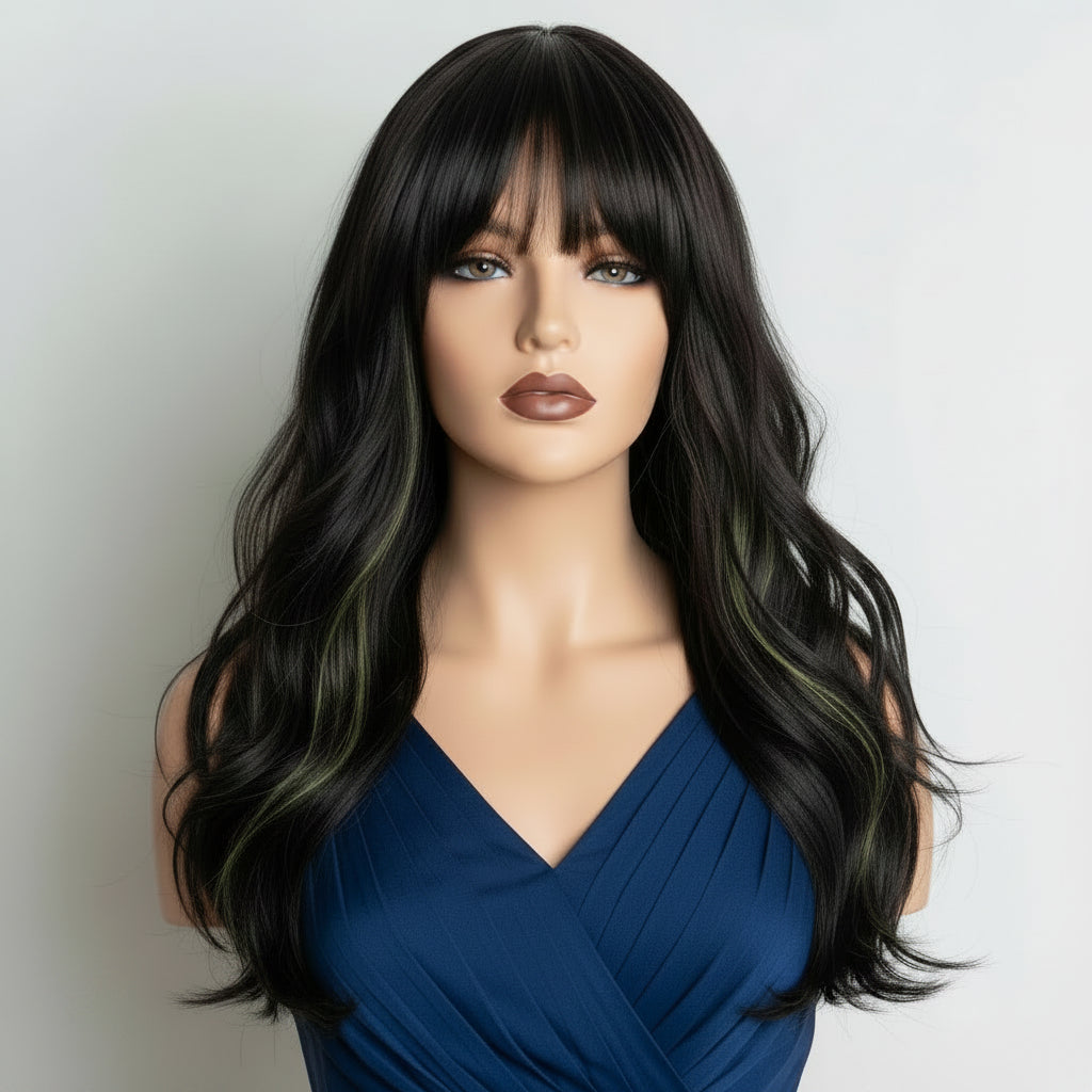 Black Green Gradient Long Wavy Wig with Bangs Front View