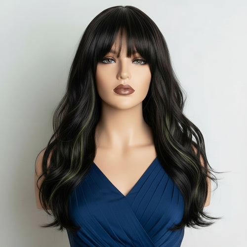 Black Green Gradient Long Wavy Wig with Bangs Front View