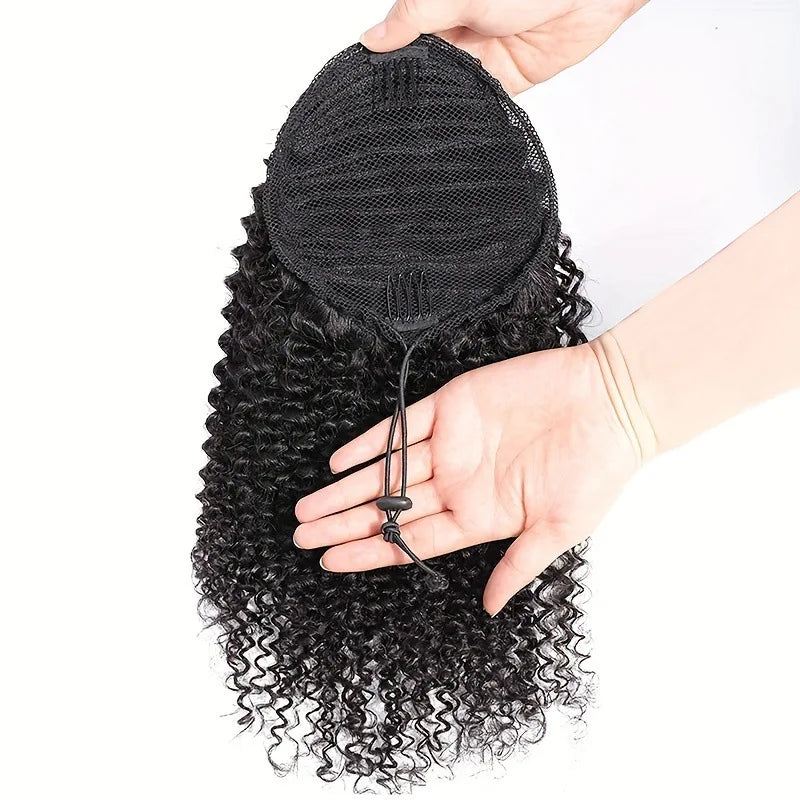 Image 4 — Hand holding water wave drawstring ponytail showing adjustable drawstring closure and mesh cap
