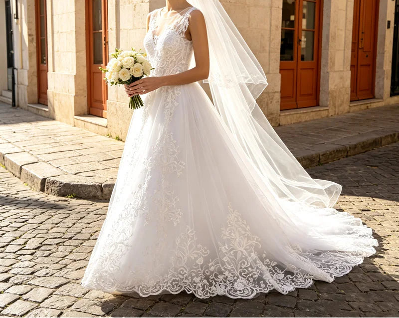 White Lace Backless V-Neck Bridal Gown