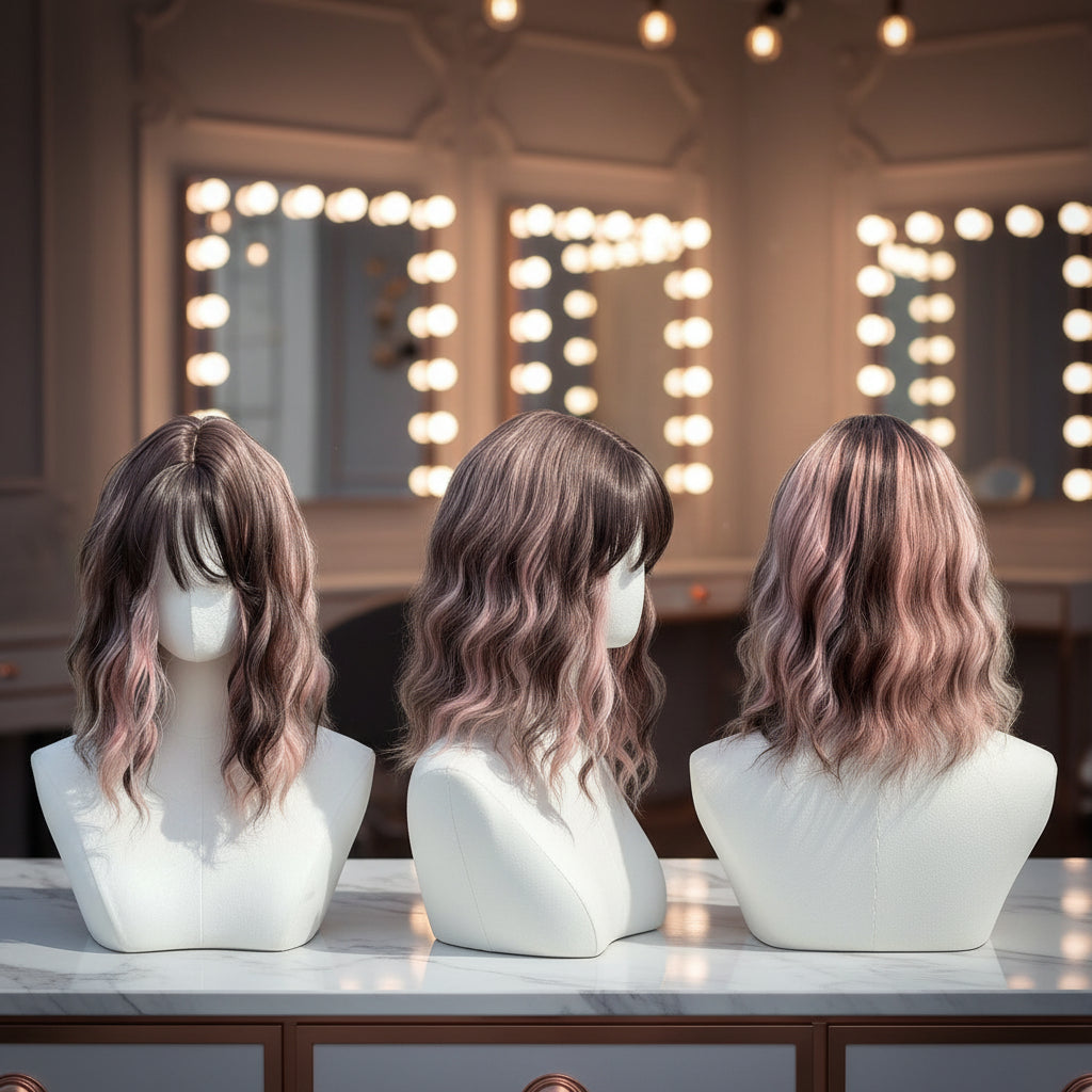 Brownish Pink Dark Root Loose Wave Wig with Bangs Front, Back, Side View