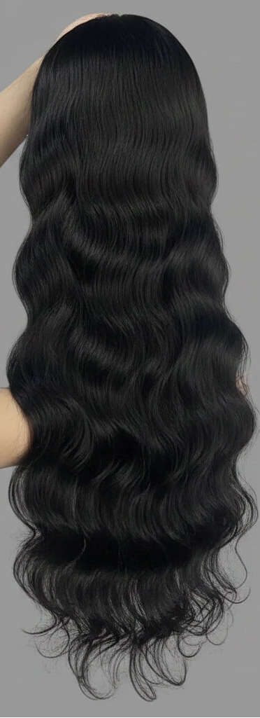 A long, straight black wig with a body wave pattern is held up by a person wearing a white knit sweater, with blue storage bins and plastic bags in the background. Text overlay reads 'Mona Hair/Body Wave'.