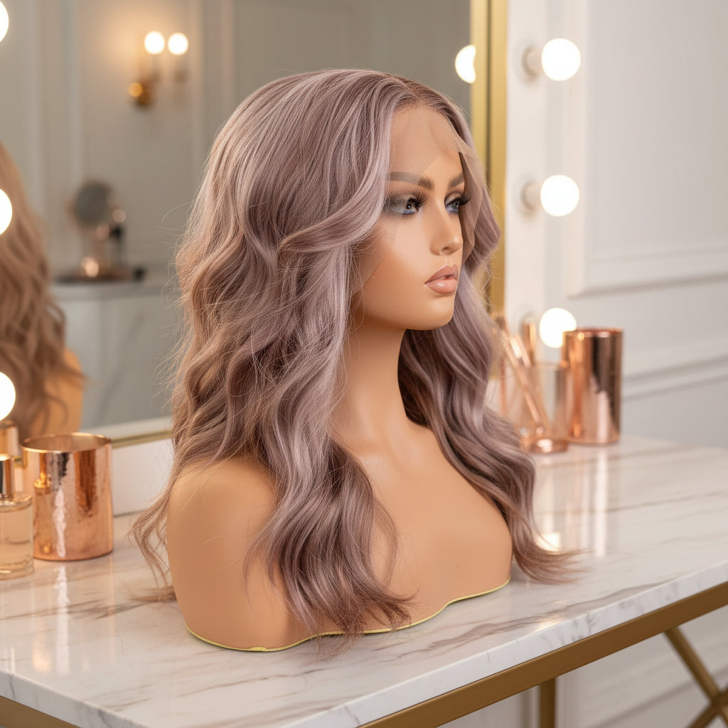 Side view of ash brown with blonde highlights wavy lace front wig