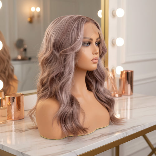 Side view of ash brown with blonde highlights wavy lace front wig