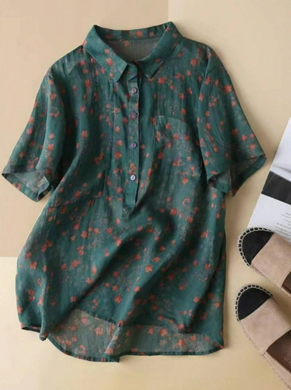 Green Floral Bohemian Stand-Collar Short-Sleeve Top Front View