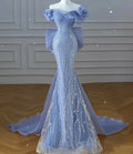 Light blue sequined beaded mermaid gown with off-shoulder ruffled sleeves and cathedral train, full length back view