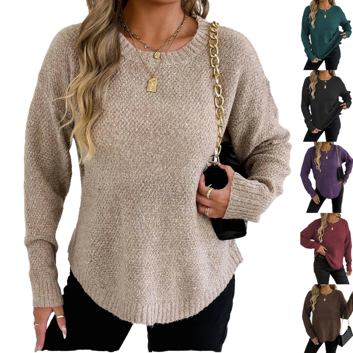 A woman models a chunky knit long-sleeve sweater in a light taupe-beige color, shown against a plain white background with a vertical strip of smaller color variant thumbnails on the right. The main subject is the model wearing the sweater, and the product color is best represented as Beige.
