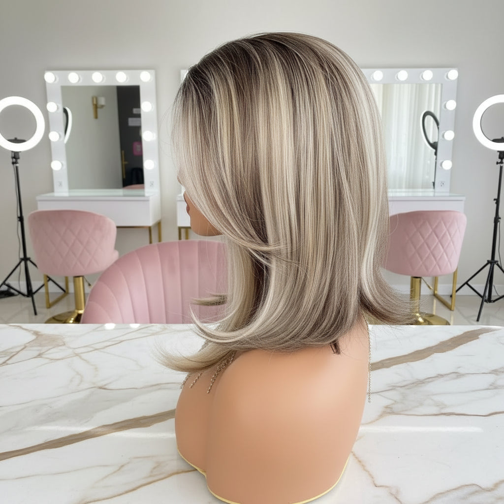 Brown Highlight Blonde Bob Lace Front Wig - Side View, Short Bob Style, Synthetic Fiber