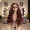 Wine Red Wavy 13x4 Lace Front Wig - Full Head View, Transparent HD Lace, Natural Hairline
