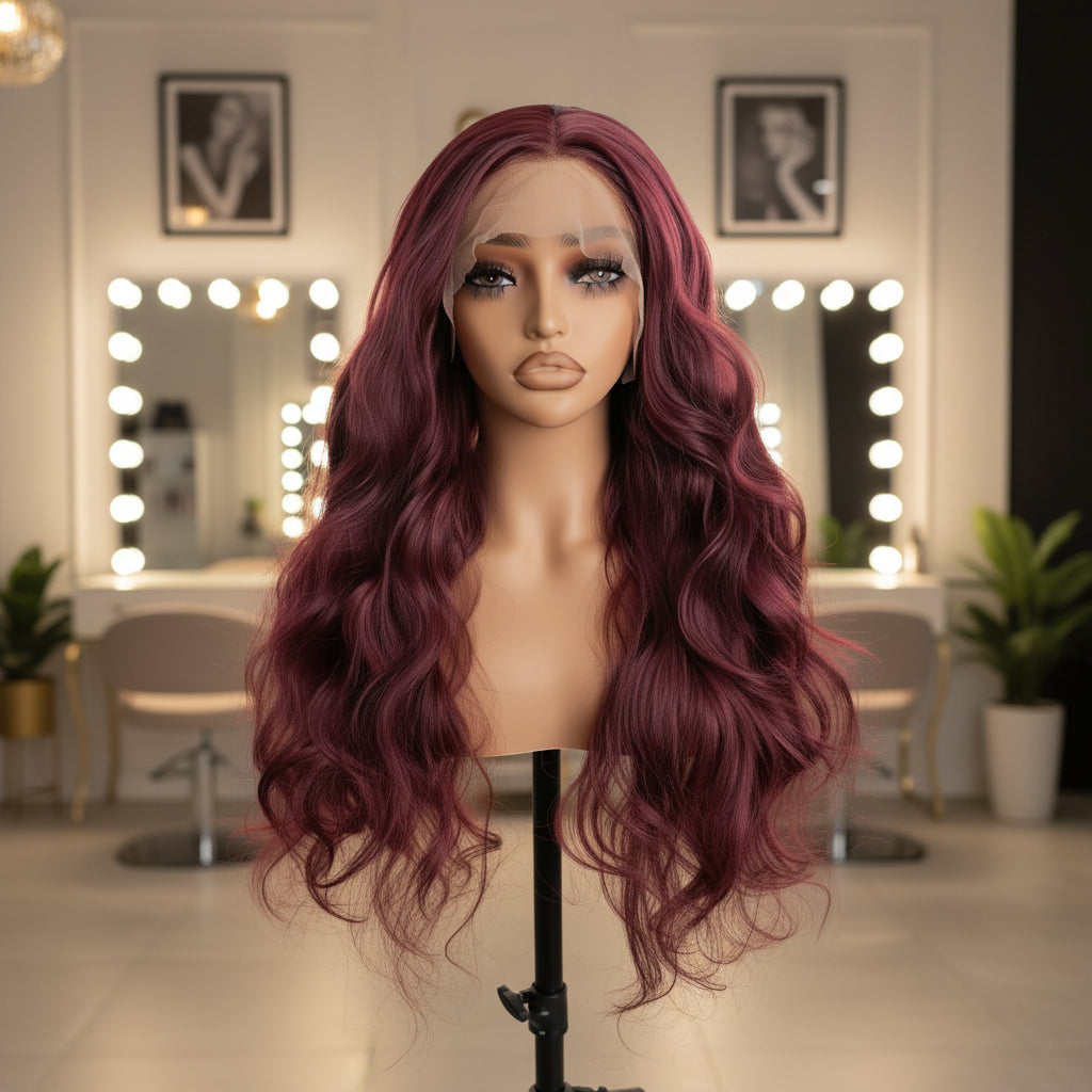 Wine Red Wavy 13x4 Lace Front Wig - Full Head View, Transparent HD Lace, Natural Hairline
