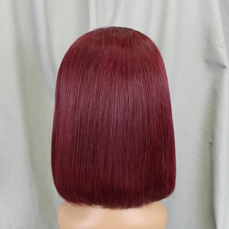 Image 11 — Back view of straight bob lace front wig in deep burgundy (#99J), smooth straight human hair
