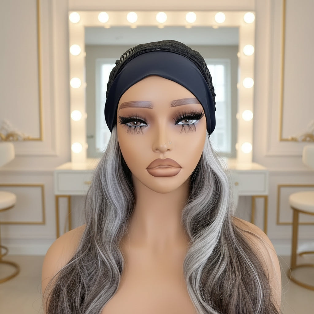 Brown Gray Highlight Wavy Headband Wig - Close-Up of Headband Attachment