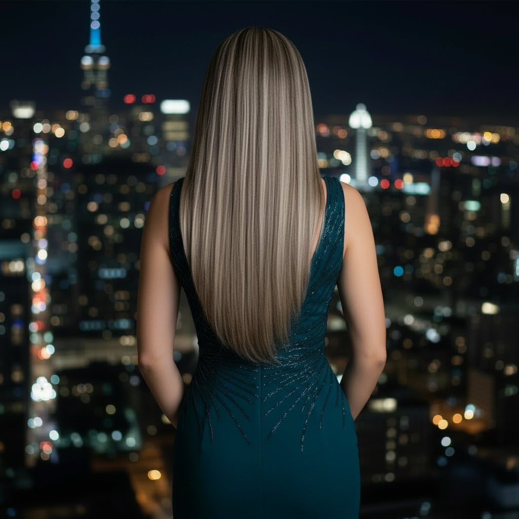 Ash Brown with Blonde Highlights Straight 13x3 Lace Front Wig - Back View