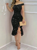 Off-Shoulder Black Sequin Ruffle Cocktail Dress Front View