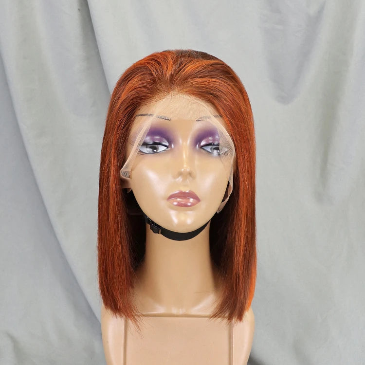 Image 10 — Straight bob lace front wig in copper red (#350) on mannequin, 13x4 transparent lace, human hair
