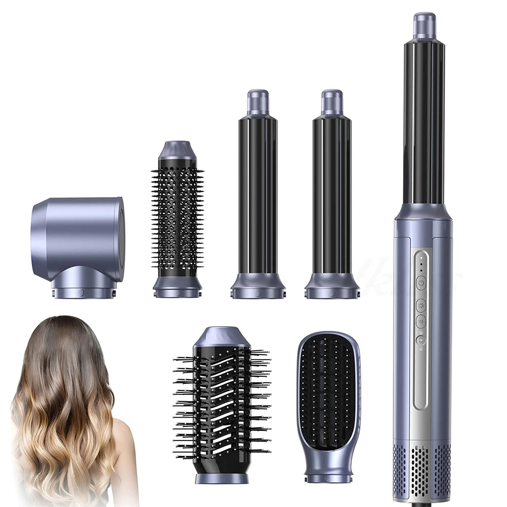  6-in-1 hot air styler in grey with 6 interchangeable heads on white background.

