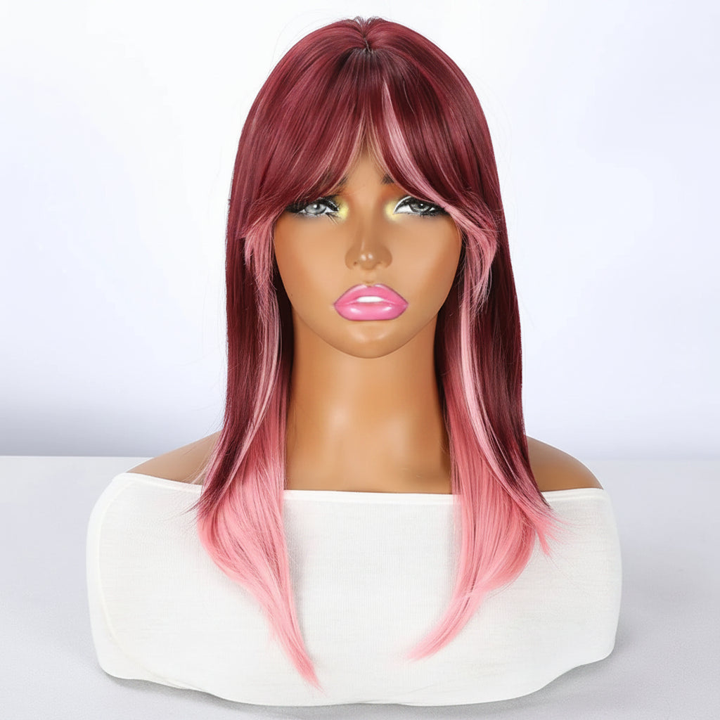 Wine Red with Pink Highlights Wavy Synthetic Wig - Full Head View