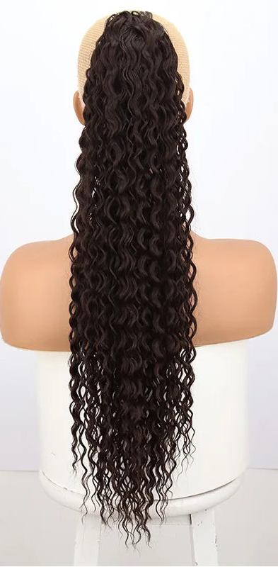 Image 12 — Water wave synthetic drawstring ponytail — Medium Auburn (30#), back view with drawstring cap detail
