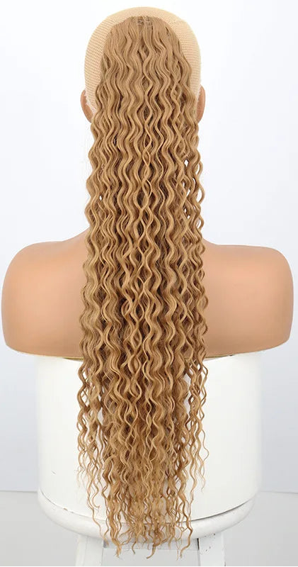 Image 9 — Water wave synthetic drawstring ponytail — Light Beige Blonde / Platinum (24-613), back view with drawstring cap detail
